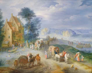 Landschaft mit Bauern, Karren und einer Fähre